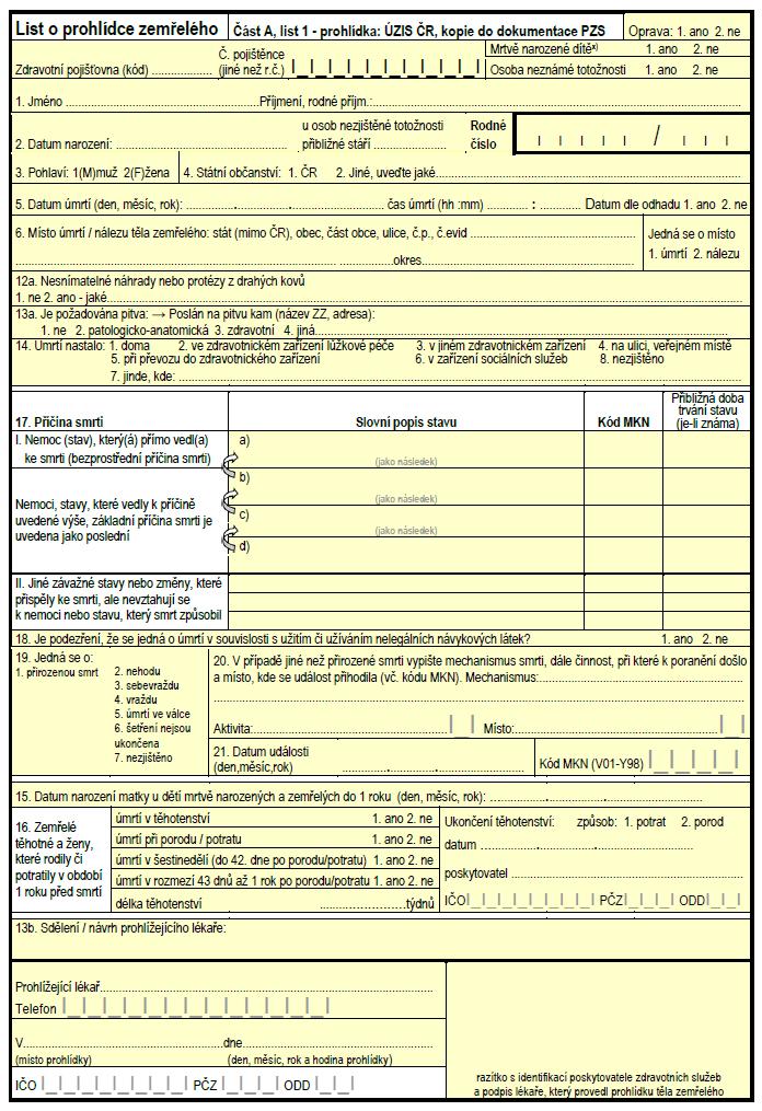 List o prohlídce zemřelého: část A, list prohlídka: určeno pro ÚZIS, kopie pro PZS Celou tuto část vyplní lékař provádějící prohlídku zemřelého v rozsahu jemu dostupných údajů.