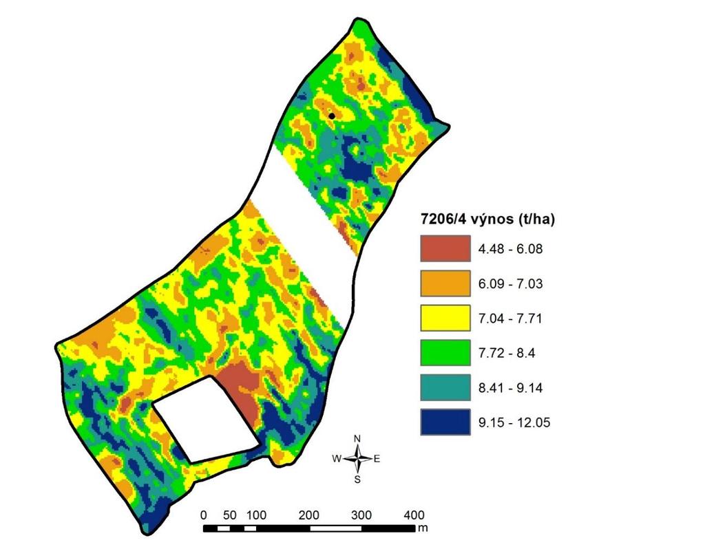 Obr. 26: Prostorové rozložení výnosu na pozemku Velička (Lukas, Novák 2016) 12 Výnos t.