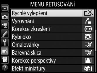 Tvorba retušovaných kopií snímků Vytvoření retušované kopie snímku: 1 Vyberte položku v menu retušování. Pomocí tlačítek 1 a 3 vyberte položku a potvrďte výběr stisknutím tlačítka 2. 2 Vyberte snímek.