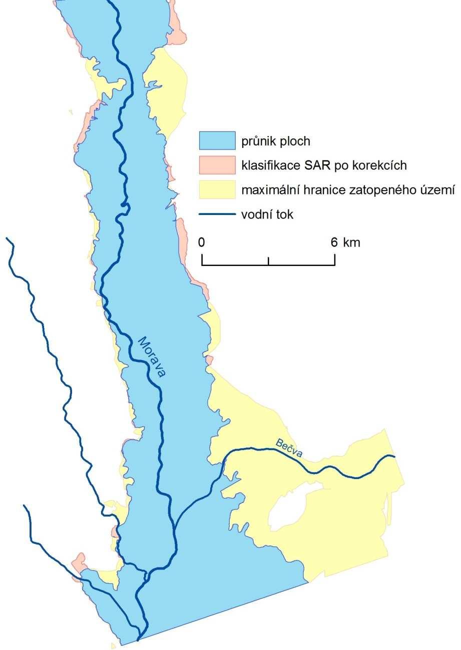 8.1.1 Severní Morava Nejprve došlo k porovnání výsledku klasifikace s maximální hranicí zatopeného území z databáze DIBAVOD (Obrázek 44).