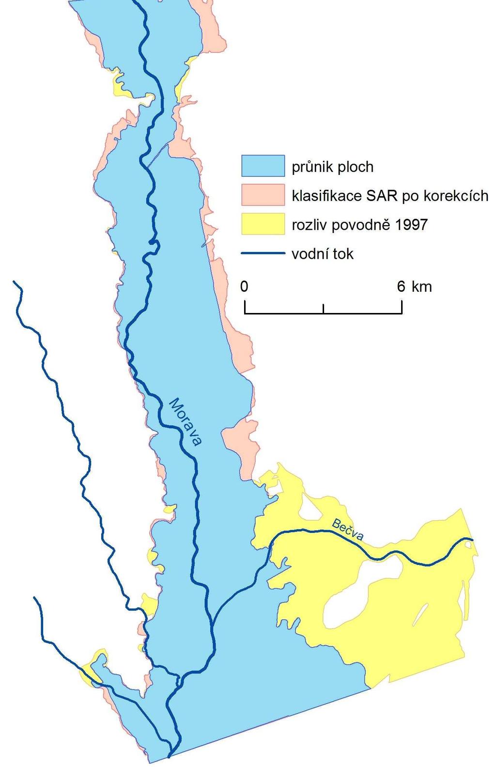 Následně došlo k porovnání s hranicí rozlivu povodně v roce 1997 poskytnutou Povodím Moravy (Obrázek 46).