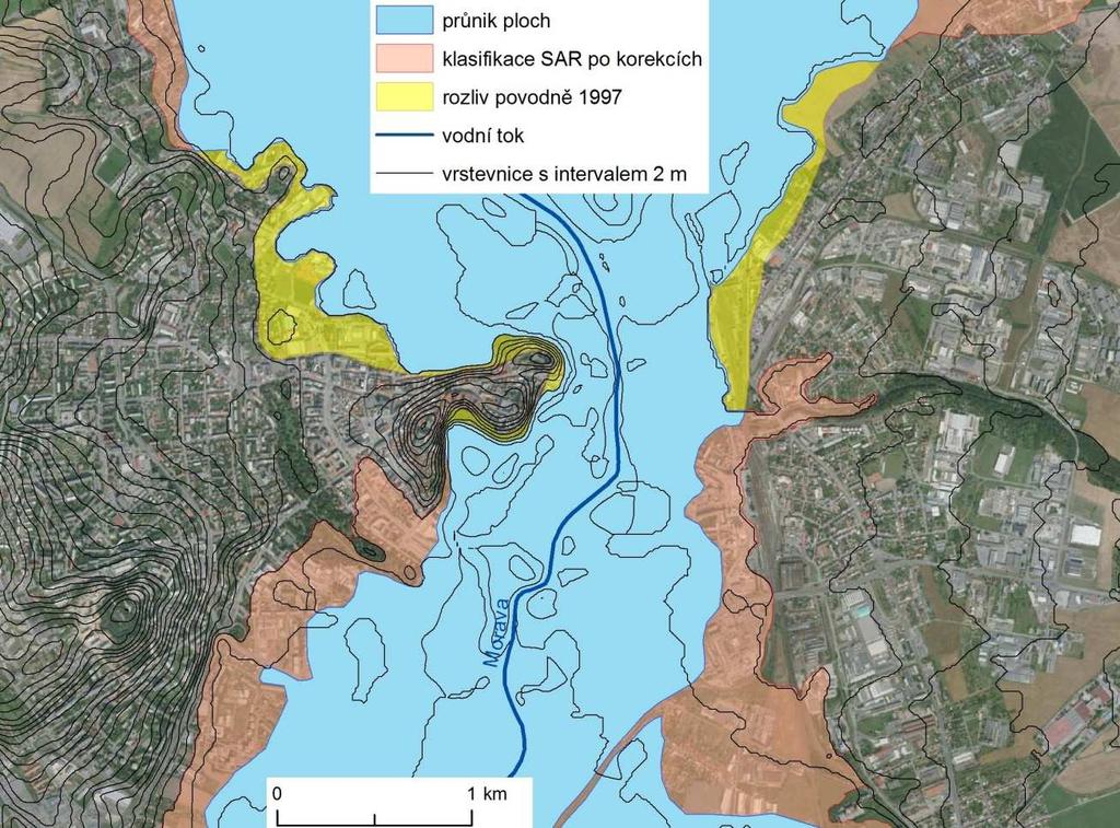 Obrázek 47: Zaplavené území v Olomouci v porovnání s rozlivem povodní v roce 1997 V číselném porovnání je stále znatelné zkreslení způsobené přítokem Bečvy.