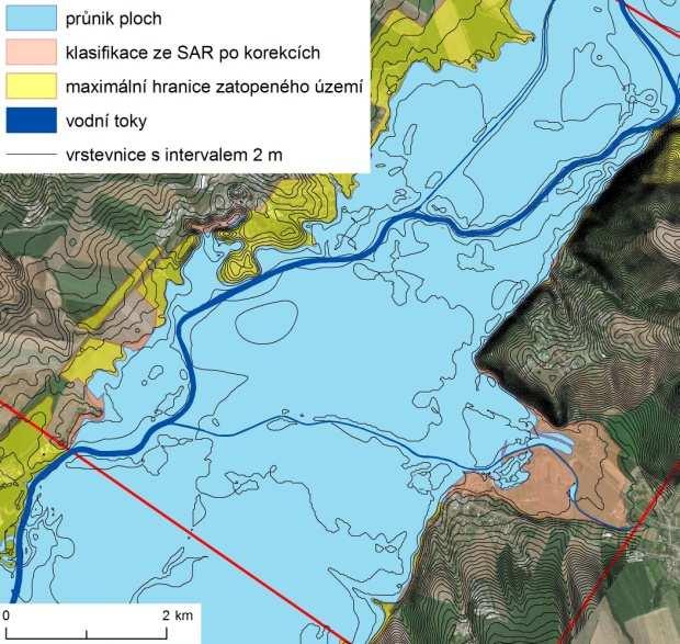 Klasifikace radarového snímku je opět nejvíce odlišná v oblasti pod Uherským Hradištěm (Obrázek 51, vpravo). V tomto místě jsou odlišnosti zapříčiněny tvarem reliéfu a rozdělením úseků.