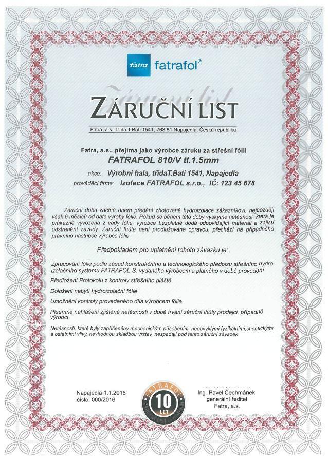 strana 10 FATRAFOL-S Hydroizolace střech provádění prací je možné celoročně s výjimkou deště, sněžení a teplot pod -5 C, (FPO fólie pod -10 C). Krytinu lze klást i na vlhký podklad.