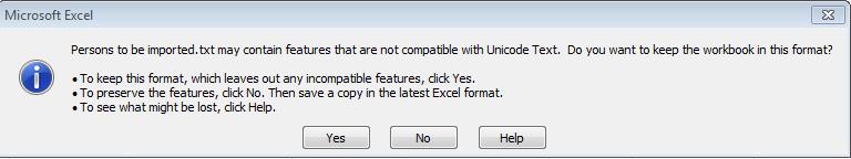 > Následující dotaz aplikace Excel ověřující použití možnosti Text v kódu Unicode potvrďte volbou možnosti Ano. Obrázek 28: Excel Potvrzení uložení jako Text v kódu Unicode (*.