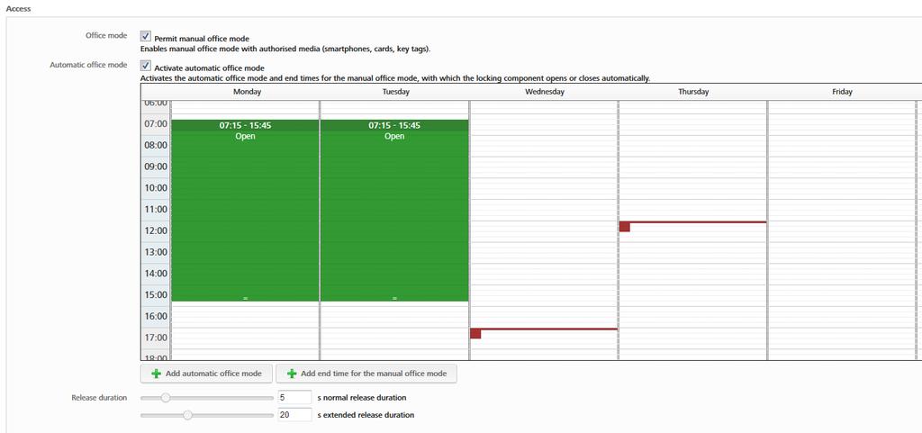 Obrázek 100: Automatické trvalé otevření Automatické trvalé otevření umožňuje nastavení časových období a okamžiků, kdy se uzamykací komponenty automaticky otevřou nebo zavřou.