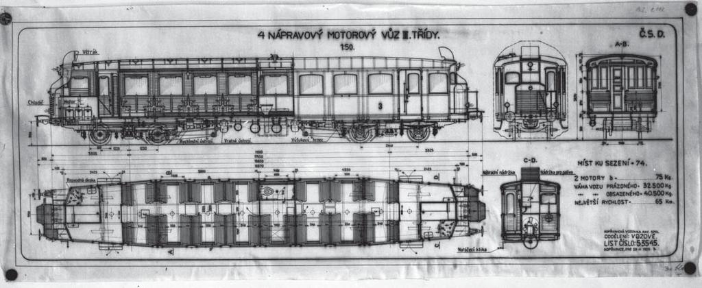 40 Motorové vozy z Tatry Kopřivnice Velké motorové vozy Snaha získat velké čtyřnápravové motorové vozy stála hned na samém začátku pokusů o motorizaci u ČSD, a to ještě v době, kdy Ministerstvo