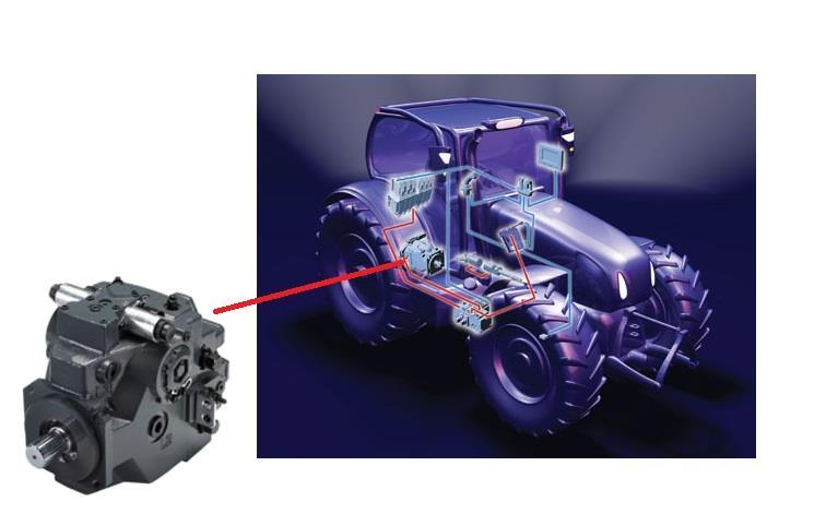 Obr. 20 Příklad hydrostatického obvodu s hydromotorem v traktoru [13] Nejdůležitějšími prvky hydrostatických obvodů jsou čerpadla a hydromotory.