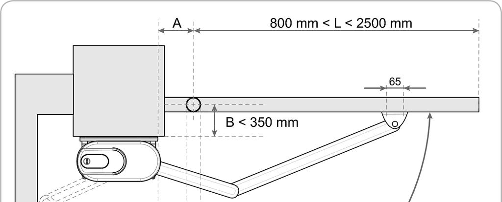 Axovia MultiPro PROVĚRKA PŘED INSTALACÍ Požadavky na volný prostor Vzdálenost C musí být minimálně 450 mm. Délka křídla brány L musí být v rozmezí od 800 mm do 2500 mm.