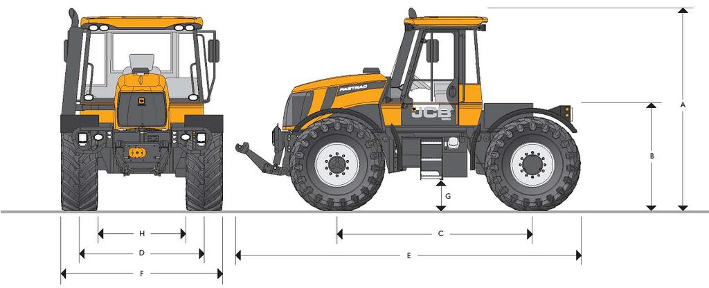 090 mm E Délka po přední zvedací závěs 5.200 mm 5.200 mm B Výška po nástavbu na rámu C Rozvor kol D Rozchod kol 1.