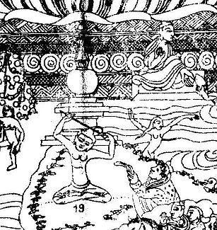 11 č. 19 Princ Siddhártha se stává Asketou Gótamou (budoucí Buddha Šákjamuni) sedí u bílé stúpy, levou rukou drţí své vlasy