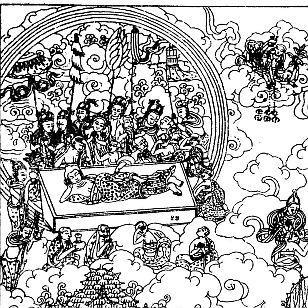 29 odchod Buddhy z tohoto světa: uprostřed schematického chrámu je postel (někdy se zobrazuje