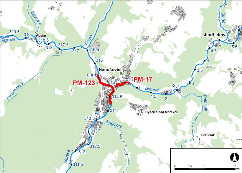 1. LOKALIZACE Předmětem řešeného území je úsek na toku Branná v km 0,000 0,664 a na toku Morava v km 327,255 328,541 Obr. č. 1 Přehledná mapa řešeného území 2.