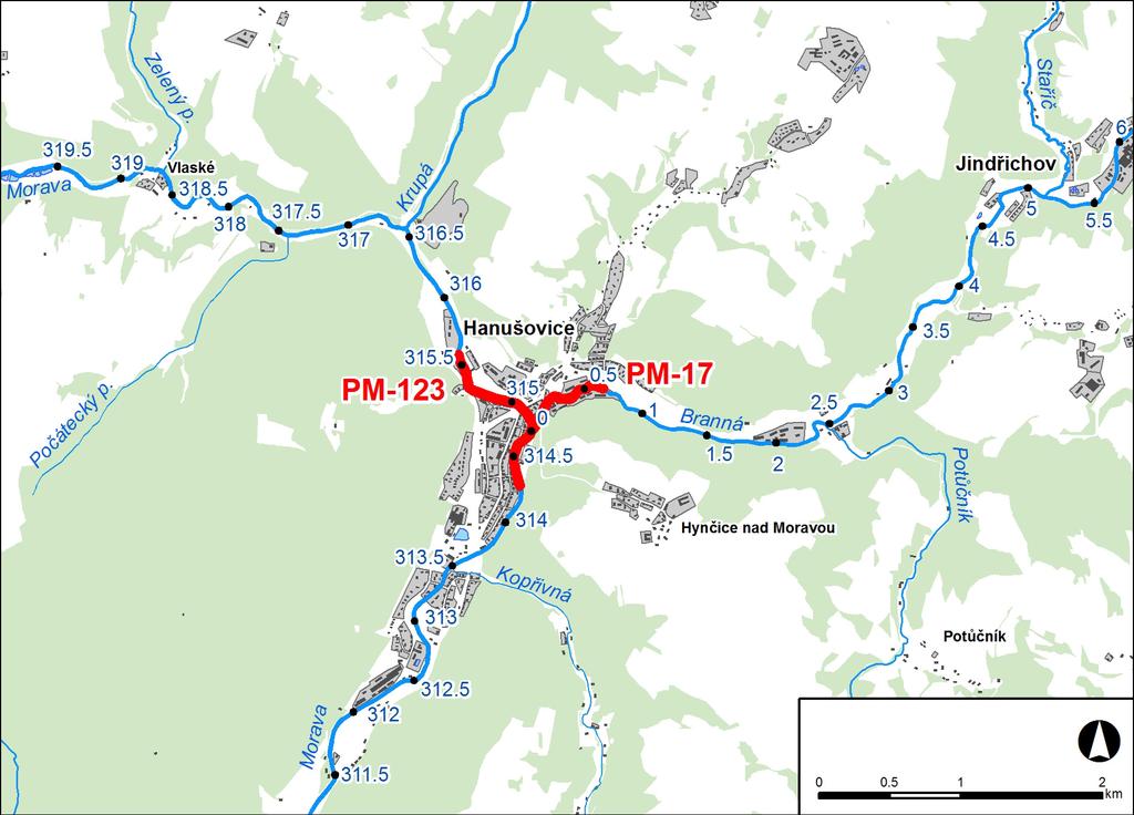 1. LOKALIZACE Předmětem řešeného území je úsek na toku Branná v km 0,000 0,664 a na toku Morava v km 327,255 328,541 Obr. č. 1 Přehledná mapa řešeného území 2.