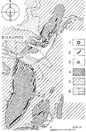 Obr. 10.20. Výskyty serpentizovaných peridotitů a s nimi spjatých eklogitických hornin u Biskupic (moldanubikum jihozápadní Moravy) (podle Dudka a Fediukové 1977).