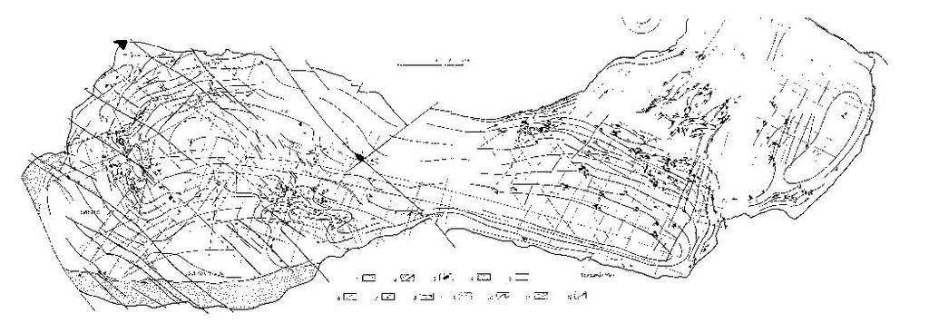 Strukturní mapa vnitřní stavby krkonošského plutonu (Klomínský 1978). Na mapě jsou znázorněny zlomy, různé prvky foliace a lineace, orientace uzavřenin, v originálle barevně odlišené. Obr. 2.