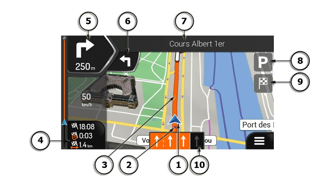 Zobrazení navigace Obrazovka navigace je hlavní obrazovka systému Z-N326 / Z-N426, která zobrazuje na mapě plánovanou trasu.