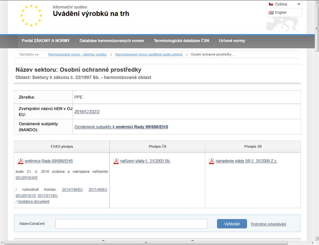 verze i anglicky vyhledávání harmonizovaných norem podle označení i části