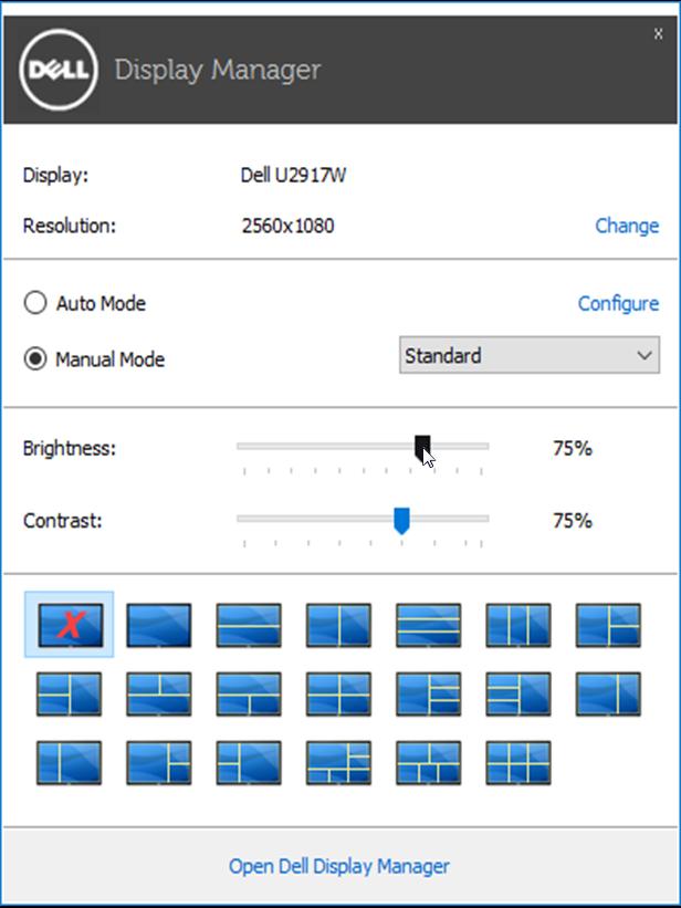 Použití okna pro rychlé nastavení Po klepnutí na ikonu aplikace Dell Display Manager na hlavním panelu se zobrazí okno pro provedení rychlého nastavení.