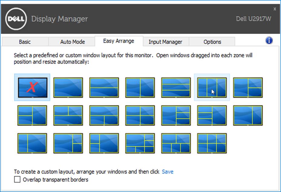 Uspořádání oken s funkcí Easy Arrange Některé modely Dell nabízejí funkci Easy Arrange, která umožňuje uspořádání pracovní plochy vybraného monitoru do řady předdefinovaných nebo vlastních rozvržení.