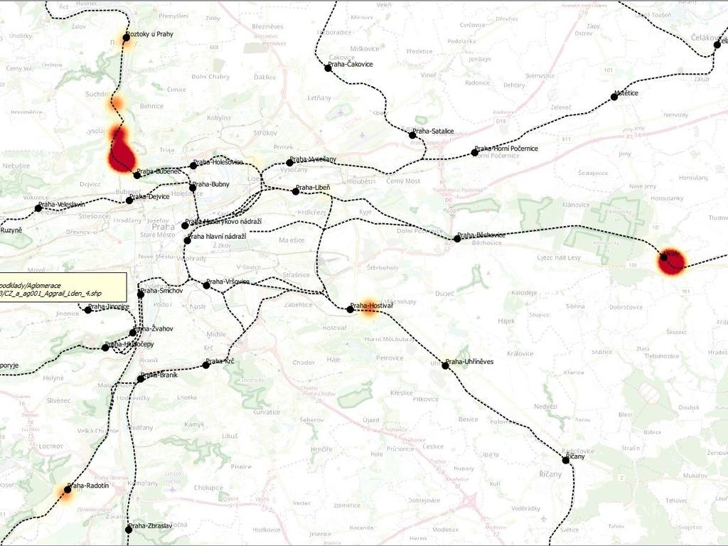 Následně jsou mapovou formou (mimo měřítko) presentována identifikovaná potenciálně kritická místa (ohniska hluku nad mezní