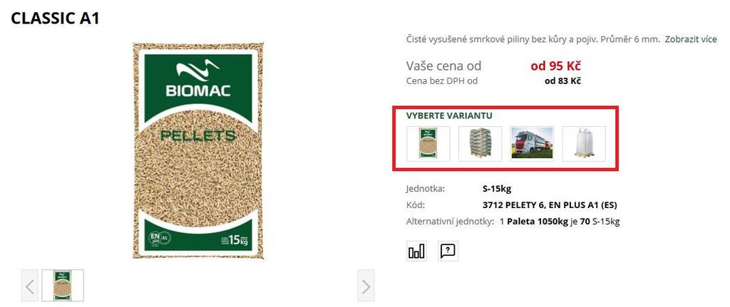 2.2 Detail zboží a zjištění ceny V detailu zboží máte na výběr z nabízených variant balení (př. balík/paleta/cisterna/bigbag).