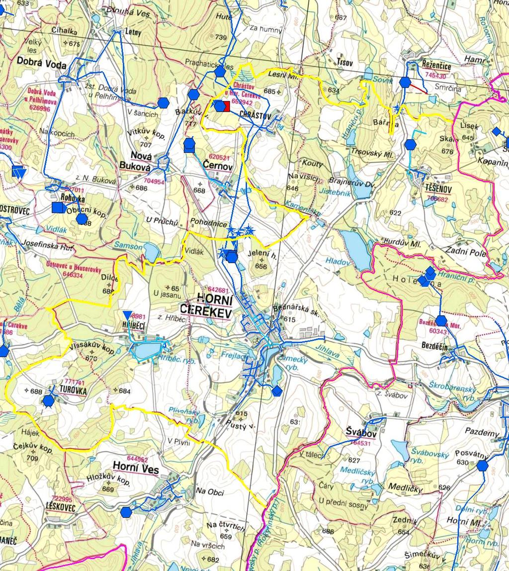 MAPA - VODOVODY Trasování sítí, lokalizace vodojemů, zdrojů, čerpacích stanic, ATS, ÚV Vodovodní řady Vodojem zemní