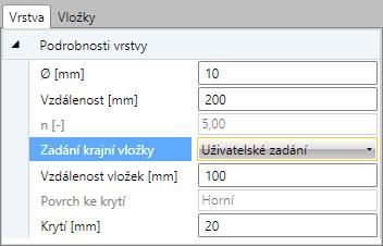 vlnách nad tabulkou Podélná výztuž. Skupina vlastností Podrobnosti vrstvy: Ø zadání průměru vložek ve vrstvě. n vypisuje se přepočtený počet vložek na metr běžný.