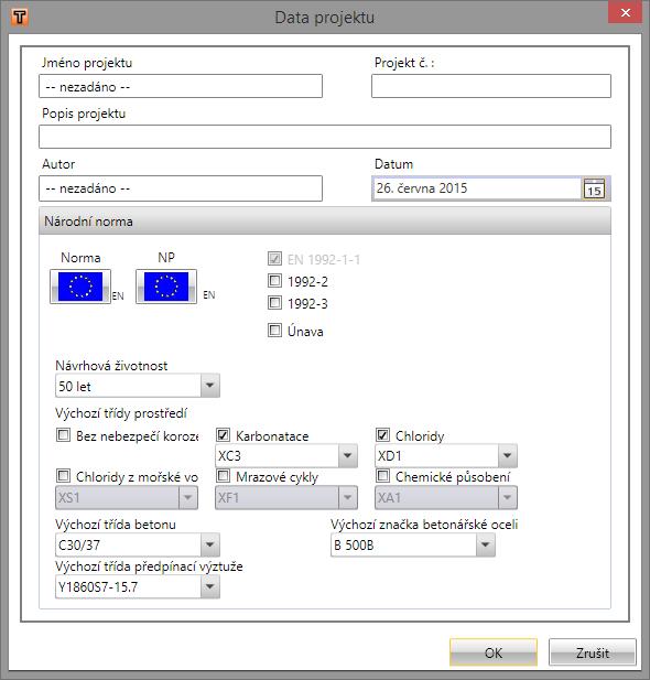 Uživatelská příručka 17 4.1 Nastavení projektových dat a výchozích hodnot Změna základních dat o projektu a nastavení výchozích materiálů se spustí příkazem Data projektu na kartě Nastavení.