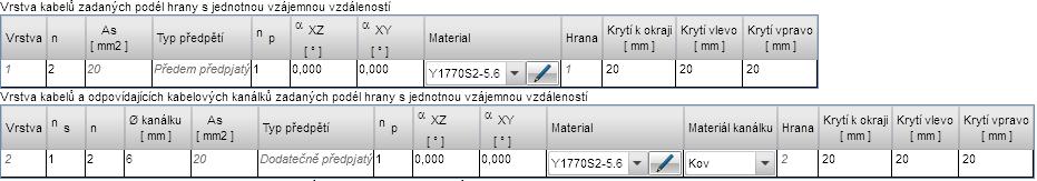 Podle způsobu zadání kabelu lze pak v datovém okně měnit následující vlastnosti kabelu: - Pro jednotlivé předem předepjaté kabely lze v tabulce Jednotlivé kabely měnit pořadí předpínání, sklony