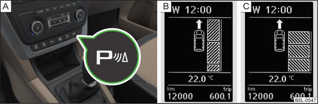 Nalezení místa k parkování Pokud je nalezena vhodná mezera pro zaparkování, uloží se její parametry do paměti do doby, než je nalezena jiná vhodná mezera, nebo do ujetí vzdálenosti asi 10 m od