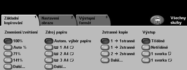 Kopírování 1 Dokumenty, které chcete kopírovat, vložte přední stranou nahoru do podavače dokumentů nebo přední stranou dolů k levému hornímu rohu skla pro předlohy. 2 Zvolte tlačítko Služby.