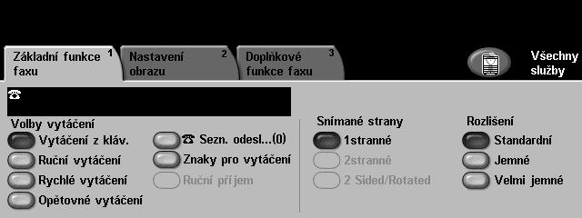 Posílání faxu 1 Dokumenty, které chcete faxovat, vložte přední stranou dolů na sklo pro předlohy nebo přední stranou nahoru do podavače dokumentů. 2 Stiskněte tlačítko Služby na ovládacím panelu.