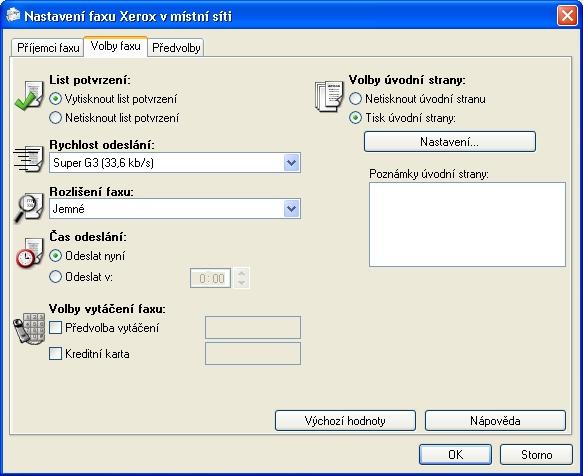 Doplňkové funkce faxu pro sítě LAN Volby faxu Zvolte Typ úlohy jako Fax a stiskněte Nastavení. Na obrazovce Nastavení faxu pro sítě LAN zvolte záložku Volby faxu.