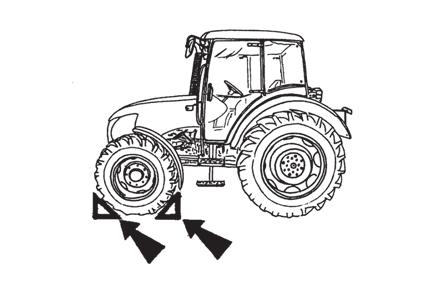 PŘÍDAVNÁ ZÁVAŽÍ Založení předních kol Před zvednutím zadních kol nezapomeňte zajistit traktor proti pohybu založením předních kol! E555 Postup při plnění pneumatik kapalinou 1.