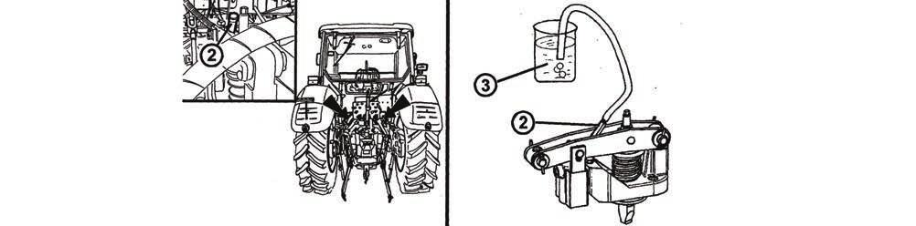sejměte krytky na odvzdušňovacích šroubech (2) ovládacího ventilu přívěsu (1) umístěného na pravé straně traktoru mezi nádrží a zadní polonápravou 3.