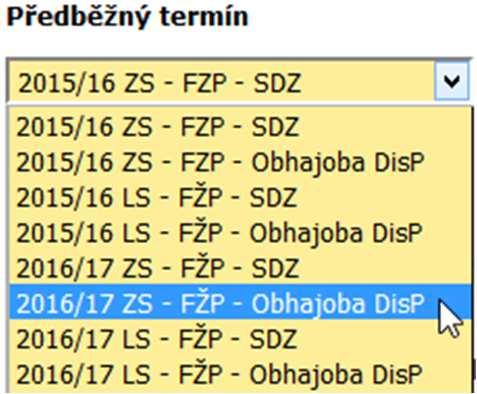 V případě, že nemáte v roletovém menu Předběžný termín státních zkoušek potřebné budoucí termíny konání obhajoby disertační práce, kontaktujte fakultního správce (SIFa), aby termíny doplnil.