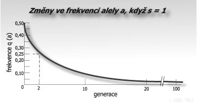 Účinnost selekce roti recesivním homozygotům (s aa = 1) závisí na frekvenci recesivní alely.