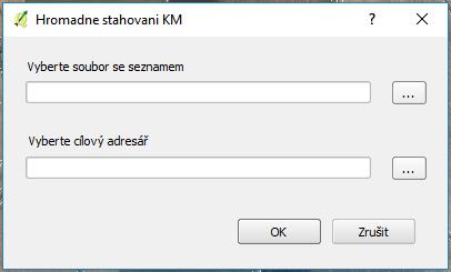 Pokud máme vytvořený seznam k.ú. můžeme spustit zásuvný modul. Otevře se okno pro nastavení cest k souboru se seznamem k.ú. a k cílovému adresáři kam se uloží stažená data.