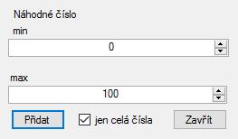 VSTUP: náhodné číslo Vygeneruje náhodné číslo v zadaném rozsahu, které bude použito jako vstup pro testovaný program. CheckBox jen celá čísla určuje, jestli vygenerované číslo bude desetinné.