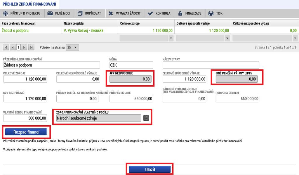 Přehled zdrojů financování Na záložce Přehled zdrojů financování dochází k výpočtu požadované podpory na základě údajů vyplněných na záložkách Subjekty projektu a Rozpočet základní.