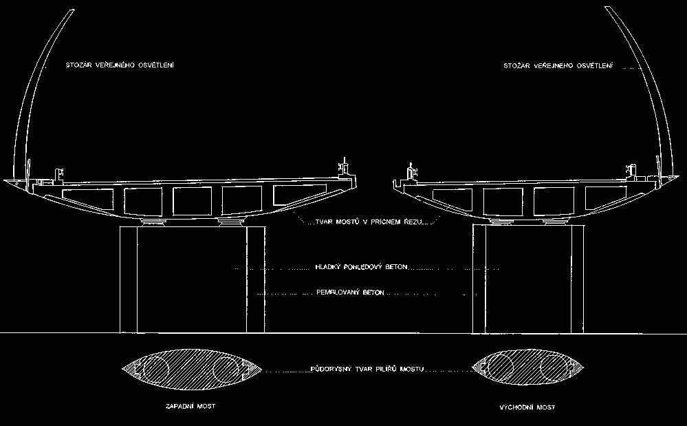 S TAVEBNÍ Obr. 3 Pfiíãn fiez mosty a tvar stoïárû vefiejného osvûtlení, 1995 Fig. 3 Cross section of bridges and the shape of lampposts, 1995 do ulice PlzeÀské ãásteãnou vizuální bariéru.