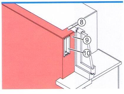 Přišroubujte držáky (1) na zeď v mírném sklonu 1 2. Nastrčte kulatý otvor (4) na ploché redukci (3) na stavební průchodku (5). Zacvakněte plochou redukci (3) do držáků na zdi (2).