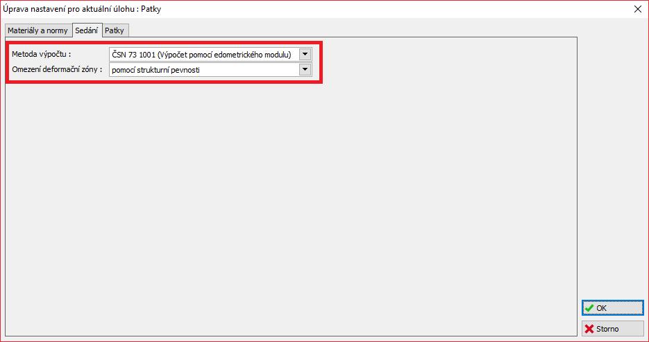 Dialogové okno Úprava nastavení pro aktuální úlohu Poznámka: Strukturní pevnost vyjadřuje odpor zeminy proti přetvoření, a to při takovém zatížení, kdy začne změna, resp.