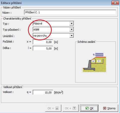 V dalším rámu definujeme Přitížení. Zde uvažujeme přitížení stálé, pásové s působením na povrchu terénu.