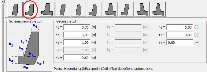 Dialogové okno Seznam nastavení výpočtu Poté v rámu Geometrie vybereme tvar tížné zdi a zadáme její rozměry. Rám Geometrie V dalším kroku zadáme materiál zdi a geologický profil.