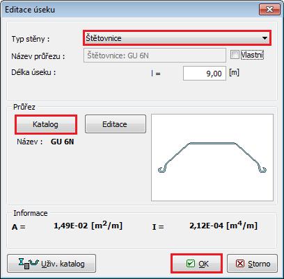 V rámu Geometrie definujeme příslušné parametry štětovnicové stěny typ stěny a délku úseku l = 9 m.