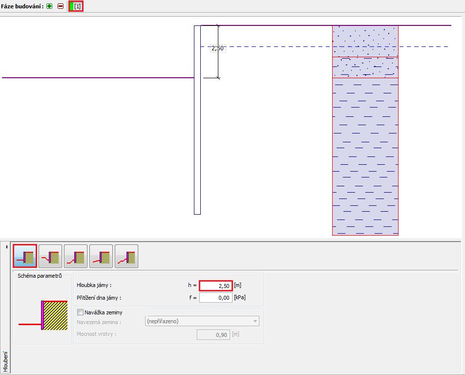 Nyní v rámu Hloubení definujeme počáteční úroveň dna výkopu, respektive záběr v hloubce 2,50 m