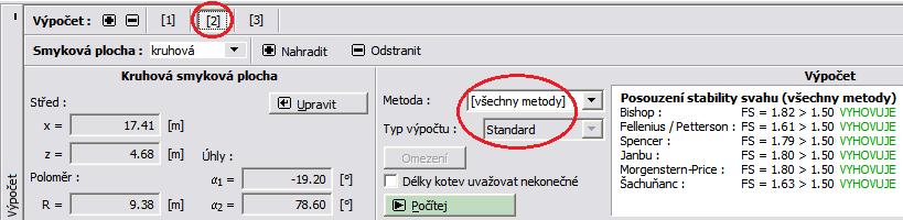 Stupeň stability určený pro kritickou kruhovou smykovou plochu vychází podle Bishopa takto: SF 1,82 > SF = 1,50 VYHOVUJE.