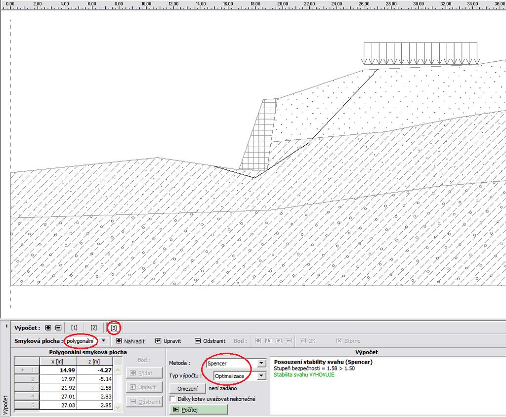 Výpočet 3 polygonální smyková plocha V posledním kroku zadáme polygonální smykovou plochu. Metodu výpočtu zvolíme Spencer, pro tuto smykovou plochu nastavíme její optimalizaci a provedeme výpočet.